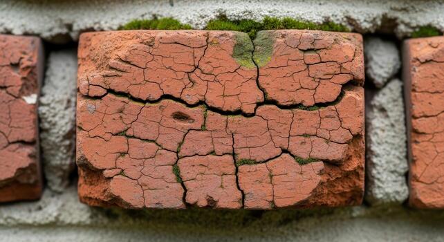 Macro close up of a heavily weathered red brick with cracks and moss in an old wall photo