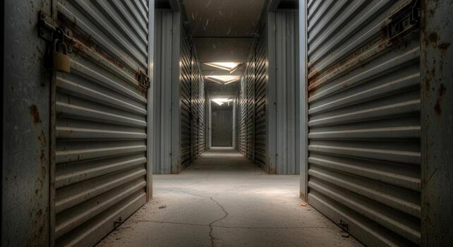 Dimly lit abandoned self storage facility hallway with open units and eerie light photo