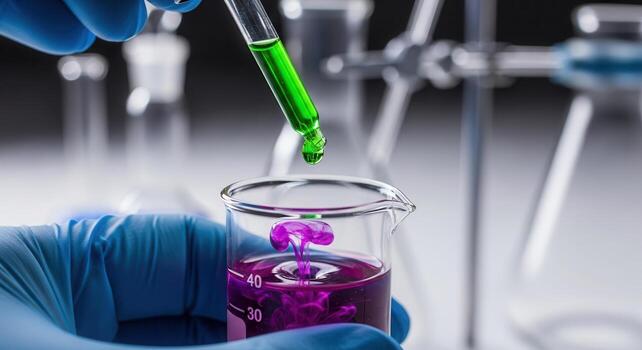 Scientist in blue glove dropping green liquid into purple solution in a laboratory beaker photo
