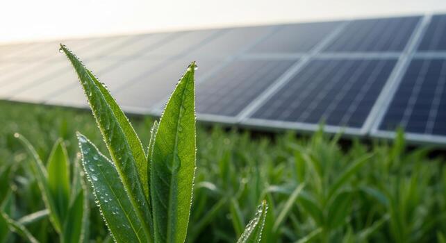 Dewy green foliage in a field with solar panel array, symbolizing sustainable energy production photo
