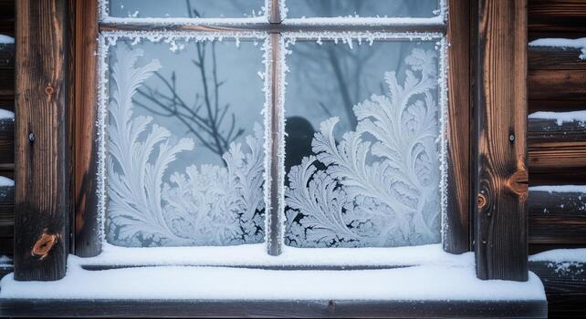 Rustic wooden cabin window with intricate frost patterns and fresh snow on the sill photo