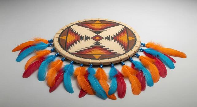 Intricately designed native american ceremonial shield with colorful feathers and geometric patterns photo
