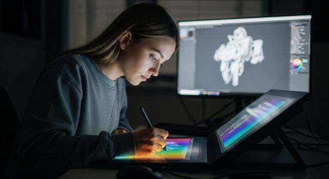 Creative woman designer using graphic tablet and computer for 3D modeling in dark studio photo