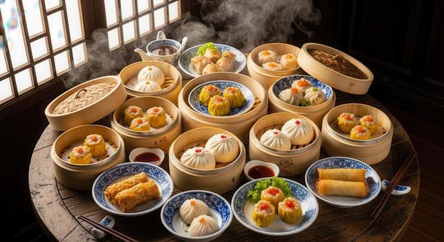 Steaming dim sum banquet with assorted dumplings and spring rolls on a wooden table photo