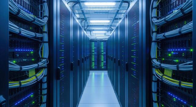 amplio pasillo en moderno datos centrar con filas de servidor bastidores y parpadeo luces foto
