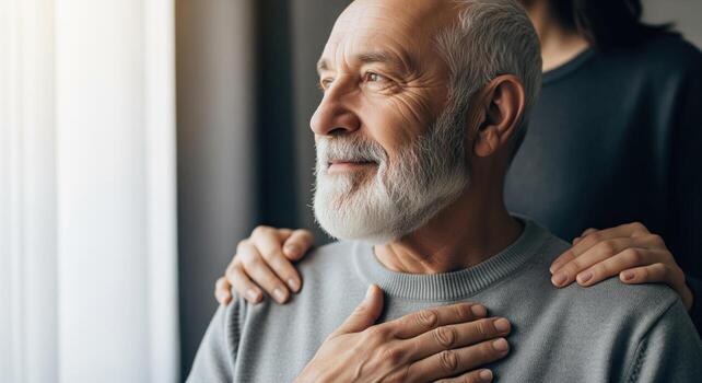 Elderly man with white beard looking out window, hand on chest, receiving support photo