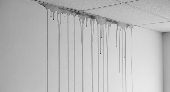 Severe water damage with long streaks running down a white wall from a leaking ceiling photo