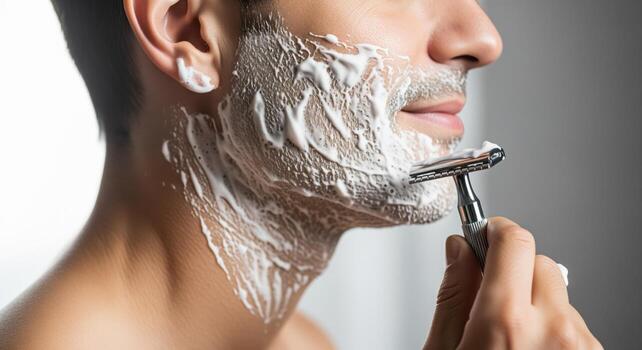 Close up of a man with shaving cream on his face and neck, using a safety razor for morning grooming routine. photo