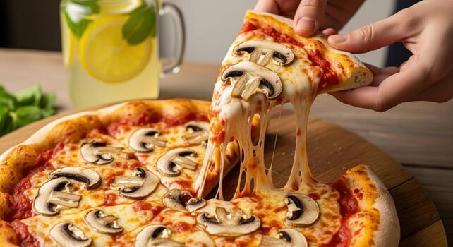 Close up of hands pulling a slice of hot mushroom pizza with melted cheese stretching photo