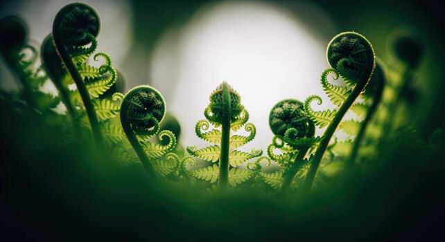 Close up of vibrant green unfurling fern fronds backlit in a lush forest photo