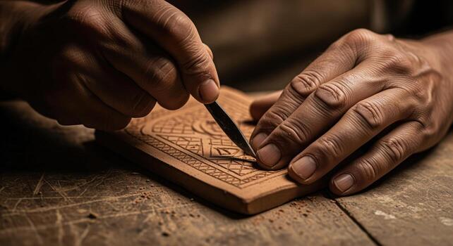 Close up of skilled artisan hands meticulously carving intricate patterns into wood photo