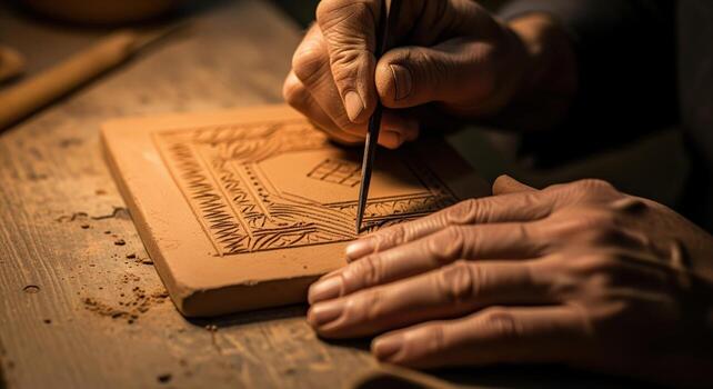 Detailed close up of an elderly artisan calloused hands carving intricate patterns into a clay tile photo