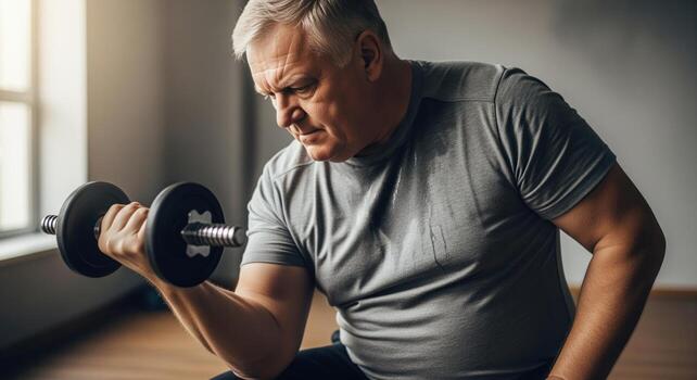 Sweaty senior man performing bicep curl with dumbbell, demonstrating strength and commitment to fitness photo