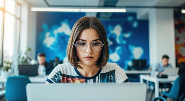 enfocado joven mujer software ingeniero con lentes codificación en ordenador portátil en moderno oficina foto