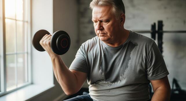 Determined overweight senior man performing bicep curl with dumbbell in a gym, showing effort and commitment to fitness photo