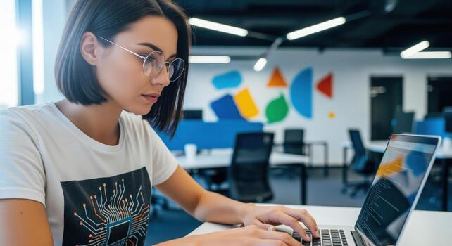 joven hembra software ingeniero con Beto Corte de pelo y lentes intensamente codificación en ordenador portátil en moderno oficina foto