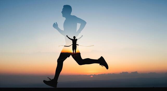Double exposure of a man running with a silhouette of a winner crossing the finish line at sunrise photo