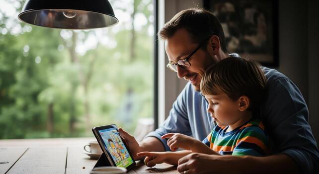 Smiling father and young son bonding over a tablet at home, enjoying digital content together photo