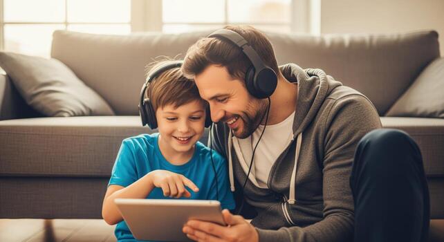Smiling father and son wearing headphones, enjoying digital content on a tablet at home photo