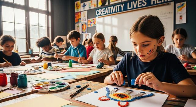Diverse elementary school students engaged in lively art class, girl creating mosaic photo