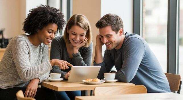 Three diverse friends laughing and sharing content on a digital tablet in a modern cafe photo
