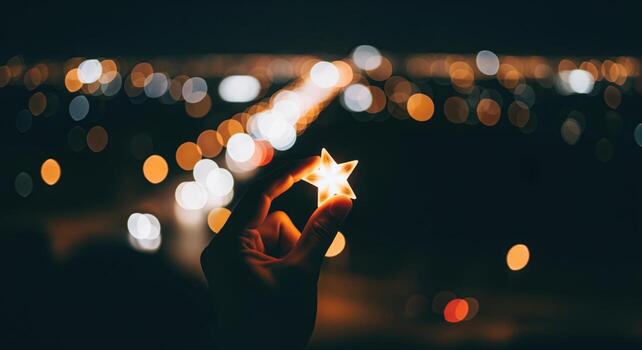 Hand holding a glowing star against a backdrop of twinkling city lights with bokeh effect photo