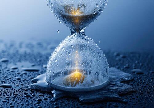 Frosted ice hourglass with glowing sand melting on a wet dark surface, symbolizing time passing and urgency. photo
