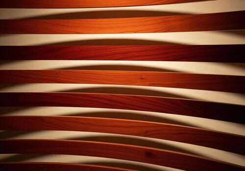 Abstract curved cherry wood slats with polished finish creating a decorative screen pattern photo