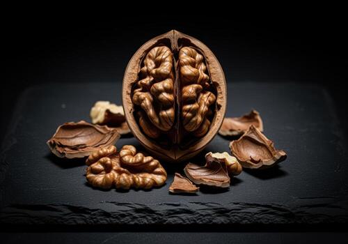 Perfectly cracked walnut with exposed kernel on dark slate surface, surrounded by shell pieces photo