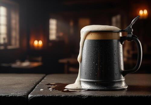 Vintage pewter tankard overflowing with dark frothy stout beer in a rustic pub setting photo