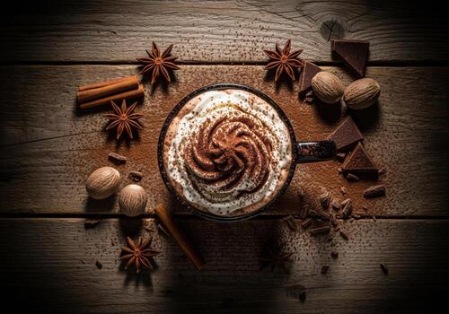 Dramatic overhead view of hot chocolate with whipped cream, cocoa, cinnamon, and star anise on a rustic wooden table photo