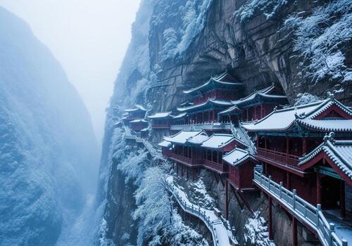 Dramatic ancient chinese taoist temple complex carved into snow covered mountain cliff in winter photo