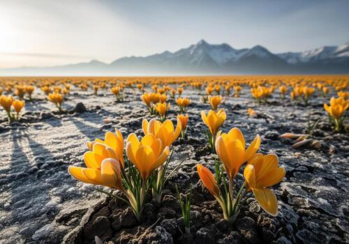 Vast field of vibrant yellow crocus flowers blooming in early spring with snow capped mountains photo