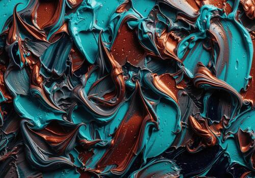 Dynamic abstract textured impasto paint strokes in teal, copper, and dark colors photo
