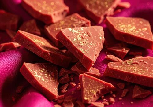 Shattered ruby chocolate pieces with golden specks scattered on vibrant fuchsia fabric photo