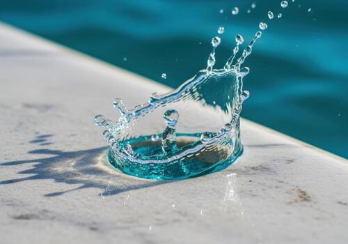 Dynamic turquoise water splash creating a crown shape on a white pool edge photo