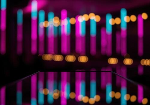 Dynamic abstract background with vibrant pink and blue neon lights reflecting on a polished dark surface. photo