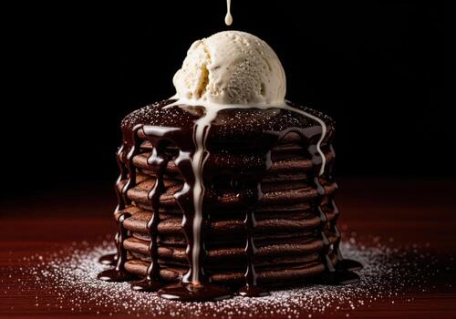 Decadent chocolate pancake stack with vanilla ice cream, rich ganache, and powdered sugar photo
