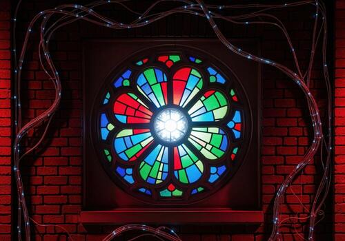 Cyberpunk stained glass window with glowing wires and red brick wall background photo