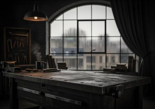 Rustic distressed metal workbench in a moody workshop with an industrial window view photo