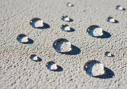 esférico agua gotas en un bruto, pálido gris hormigón textura superficie con agudo oscuridad foto