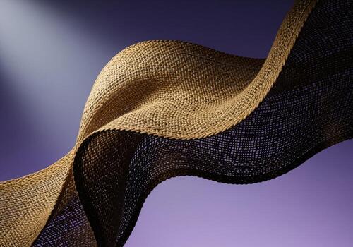 Stylized abstract composition of flowing woven jute fabric with intricate texture on a purple background photo