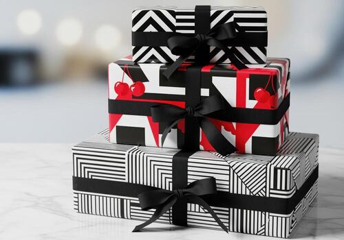 estilizado apilar de Tres moderno regalo cajas con geométrico y Cereza patrones, negro cintas foto