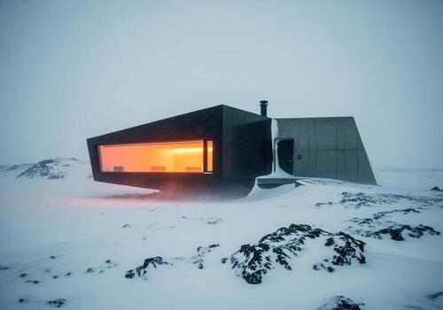 Futuristic angular black house with warm glowing windows in a stark snowy winter landscape photo
