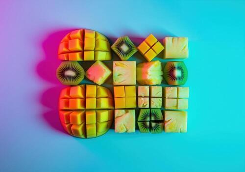 Vibrant tropical fruit cubes arrangement with mango, pineapple, and kiwi on a gradient background photo