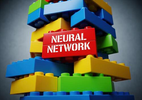 A vibrant tower of colorful building blocks with a red piece showing neural network photo