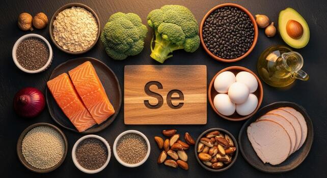 Top down flat lay of diverse selenium rich foods including salmon, brazil nuts, and eggs photo