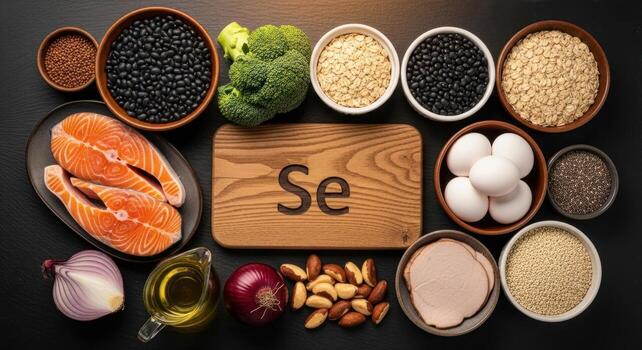 Top view flat lay of diverse selenium rich foods including salmon, eggs, and nuts on dark background photo