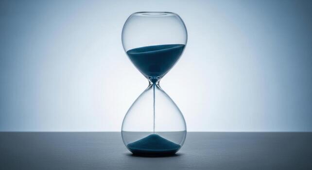 Clear glass hourglass with blue sand flowing, symbolizing time passing and urgency photo