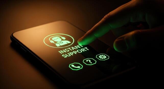 Hand pressing glowing green instant support button on smartphone screen in dark photo